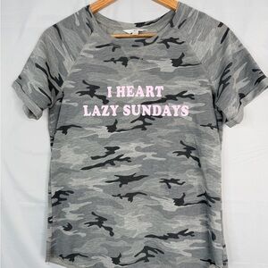 Gray Camouflage T-Shirt with Pink Text sz med